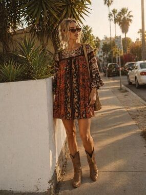 Angie Boho Paisley Mini Dress | Flowy Babydoll Anthropologie Free People Style L